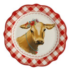 Pioneer Woman Floral Cow Salad Dessert Plate Red White Gingham Ceramic Kitchen